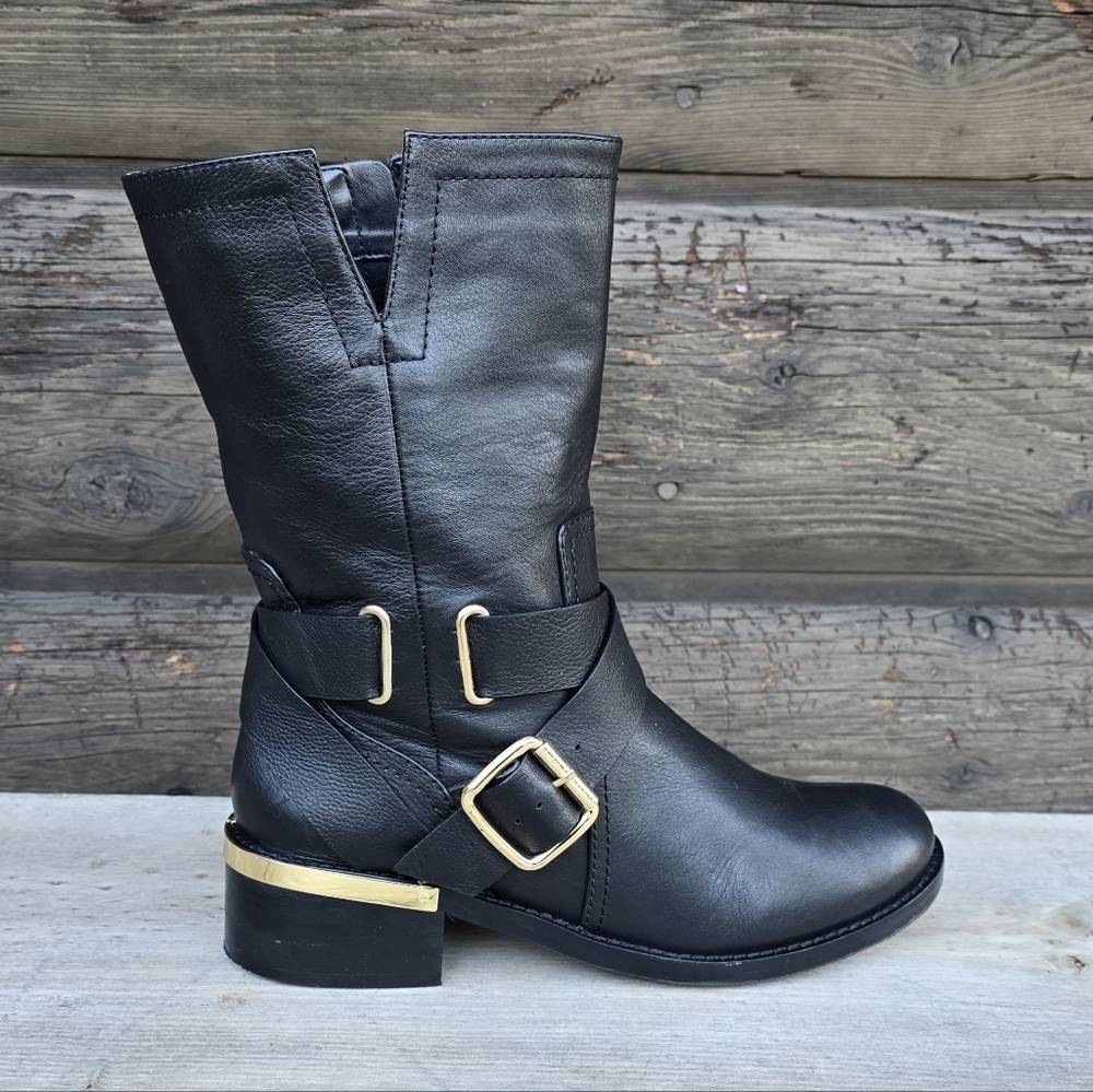 Vince Camuto Wethima Y2K Moto Minimalist Revival Leather Harness Moto Boots 7.5M